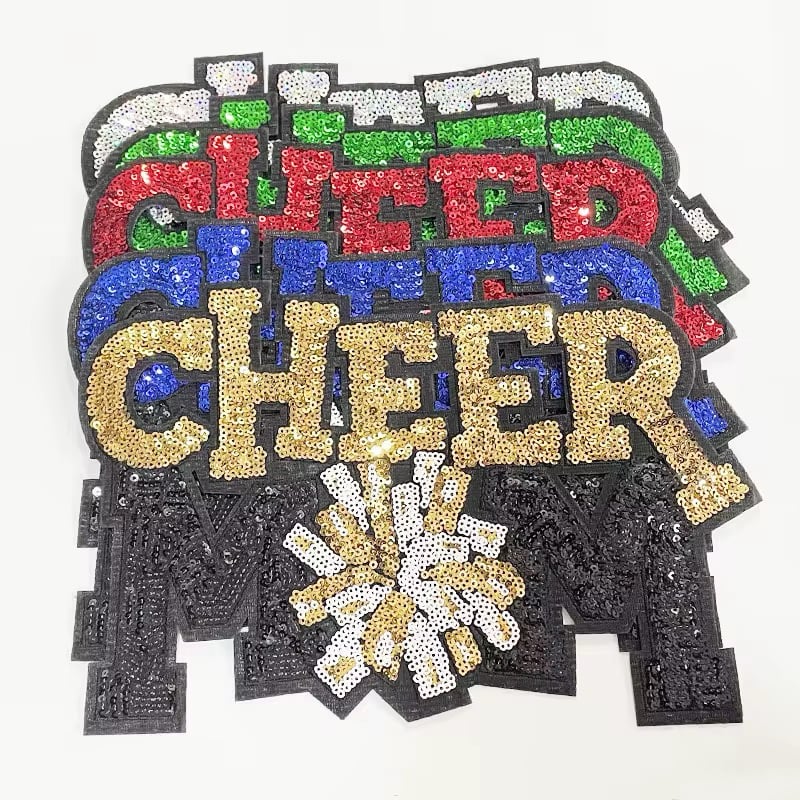 Image of Cheer Mom Sequin Pom Pom Iron On Patch