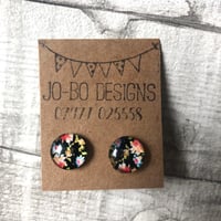 Black, red and Blue floral Cabochon Stud earrings