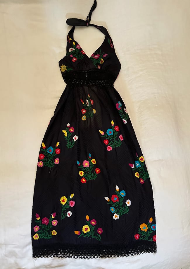 1970s cotton hand embroidered black halter maxi dress sundress mexican pintuck