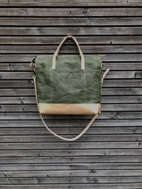 Image 3 of Olive green waxed canvas tote bag / office bag with luggage handle attachment leather handles and sh