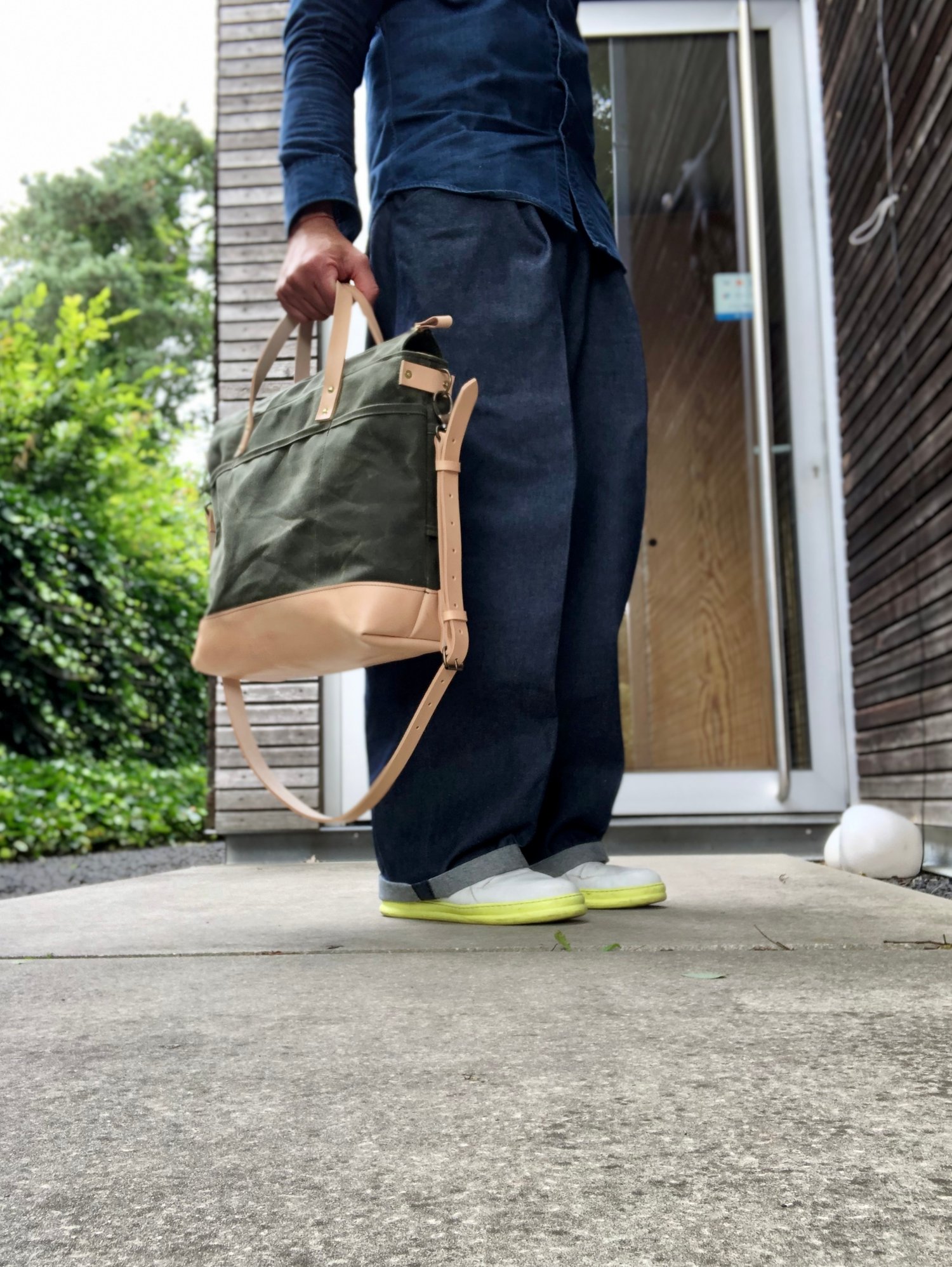 Image of Olive green waxed canvas tote bag / office bag with luggage handle attachment leather handles and sh