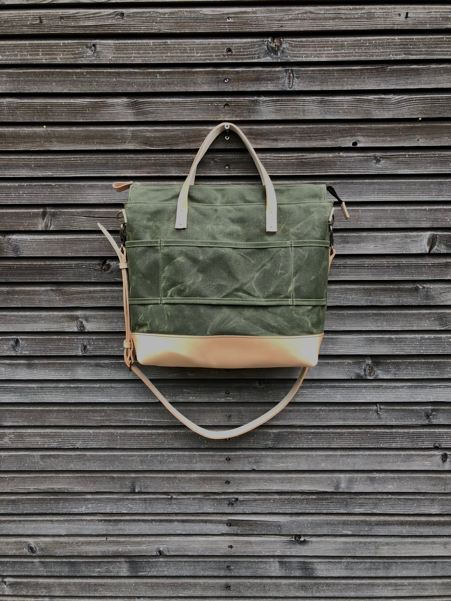 Image of Olive green waxed canvas tote bag / office bag with luggage handle attachment leather handles and sh