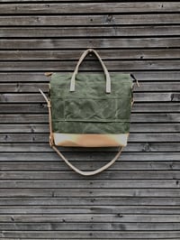 Image 5 of Olive green waxed canvas tote bag / office bag with luggage handle attachment leather handles and sh