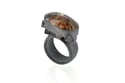 Contemporary ring, quartz with mineral inclusions in oxidized silver interlaced cubes. Jewellery