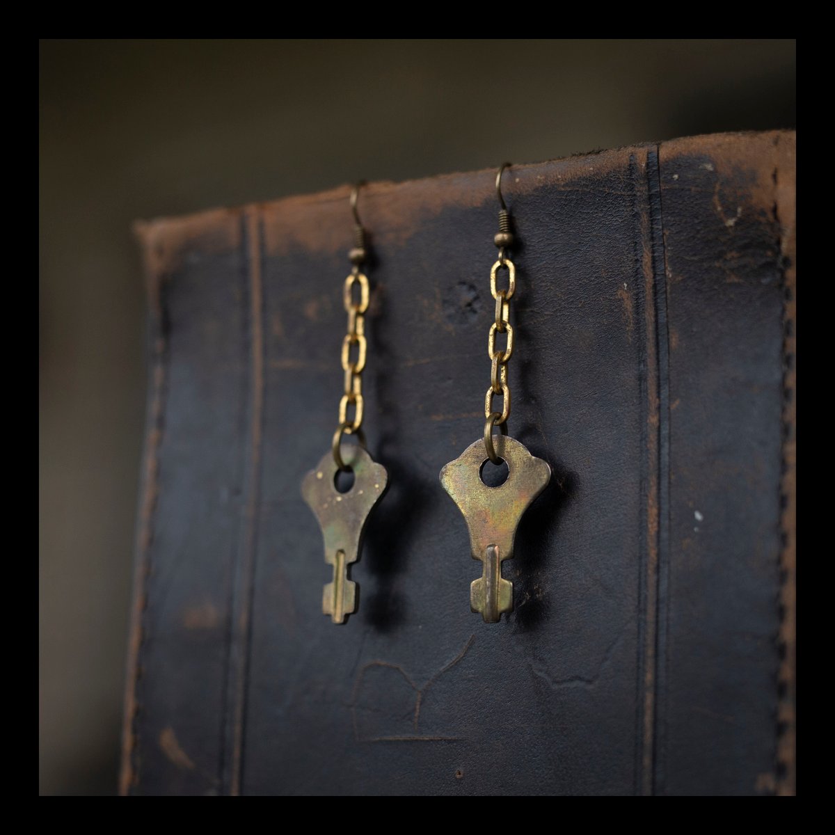Antique Brass Key Earrings on Vintage Chain