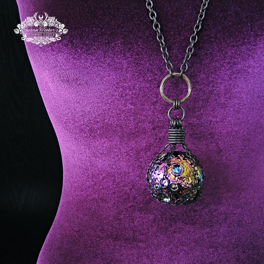 Image of THE MESSENGER MOON - Titanium Rainbow Aura Quartz Crystal Moon Necklace Witchy Witch Pagan Jewelry