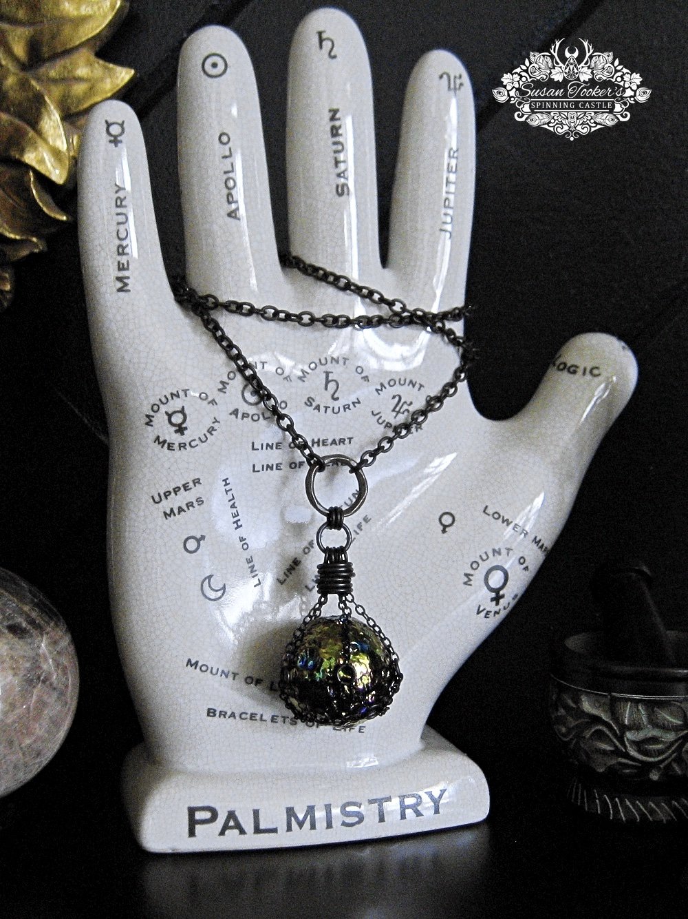 Image of THE MESSENGER MOON - Titanium Rainbow Aura Quartz Crystal Moon Necklace Witchy Witch Pagan Jewelry