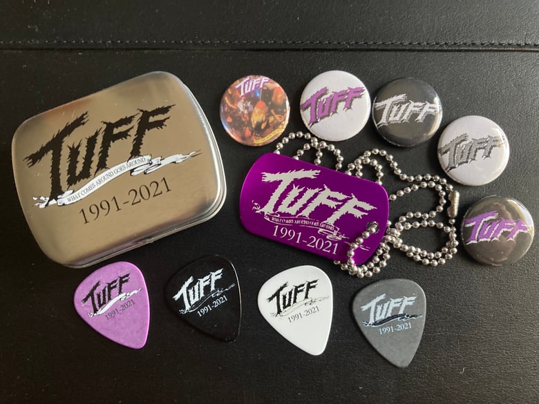Image of Tuff 30th Anniversary "What Comes Around Goes Around" 1991-2021 Collectible Tin, Pins, Picks Dog Tag