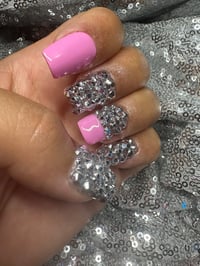 Image 2 of  Pink short square Silver rhinestone gel press on nails