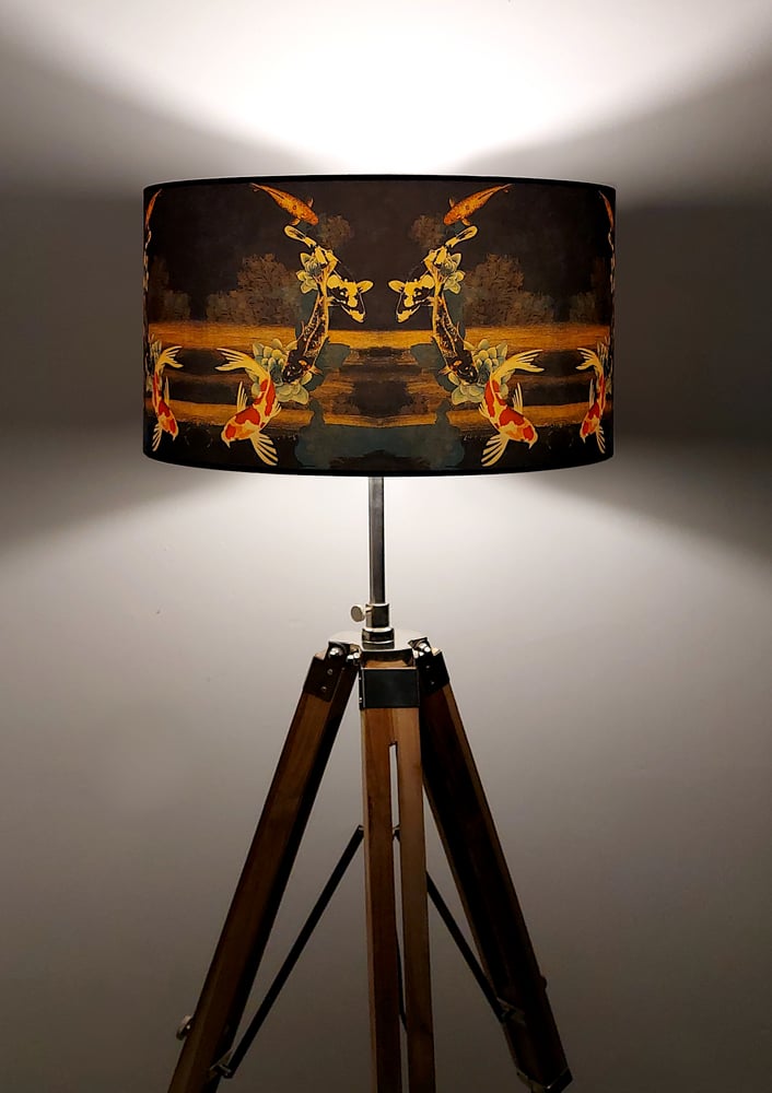 Image of Koi on Black and Gold Drum Lampshade by Lily Greenwood (45cm Diameter)