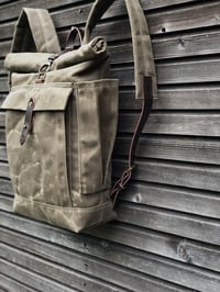 Image 3 of School backpack in waxed canvas / waterproof backpack with padded shoulder straps and water bottle p