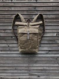Image 1 of School backpack in waxed canvas / waterproof backpack with padded shoulder straps and water bottle p