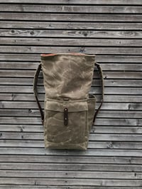 Image 2 of School backpack in waxed canvas / waterproof backpack with padded shoulder straps and water bottle p
