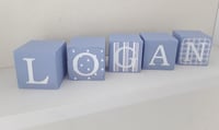 Image 1 of Blue hand painted & decorated name blocks,new baby boy,blue wood baby blocks,baby boy wood blocks