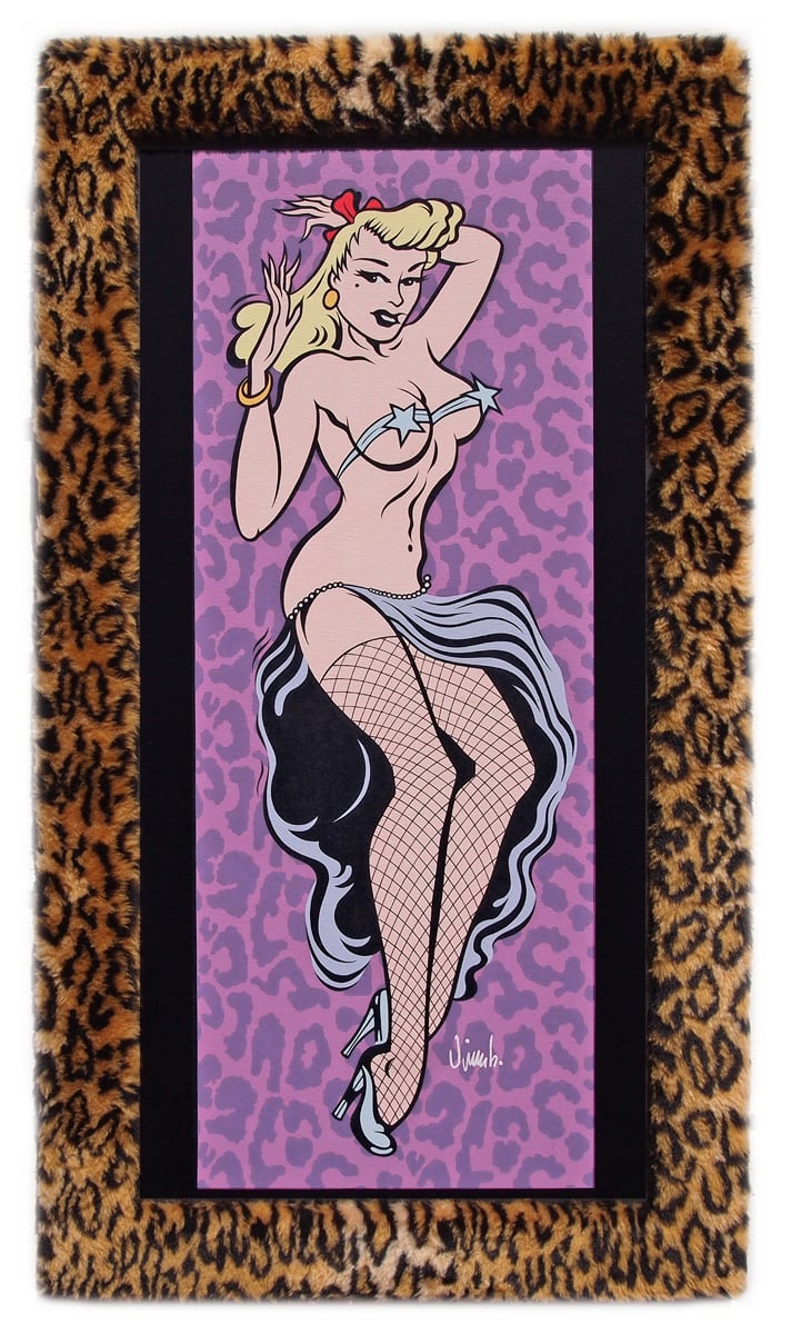 Image of PIN UP GIRL acrylic painting with fur frame