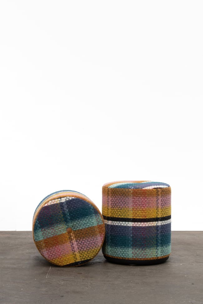  LINA OTTOMAN - FRENCH WOOL WITH SOLID TORCHED TASMANIAN OAK BASE - AVAILABLE NOW