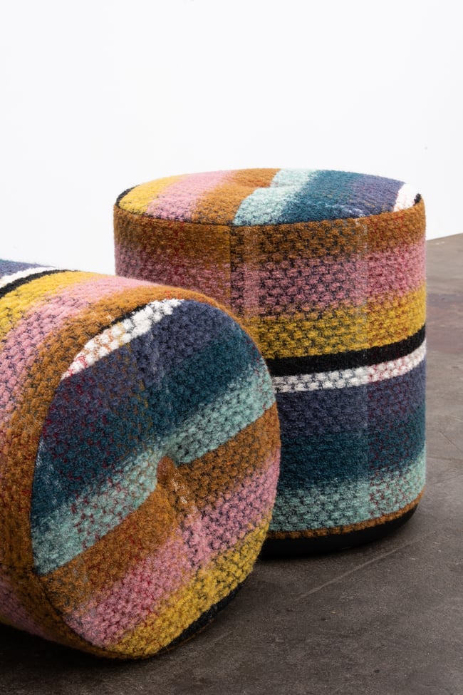  LINA OTTOMAN - FRENCH WOOL WITH SOLID TORCHED TASMANIAN OAK BASE - AVAILABLE NOW