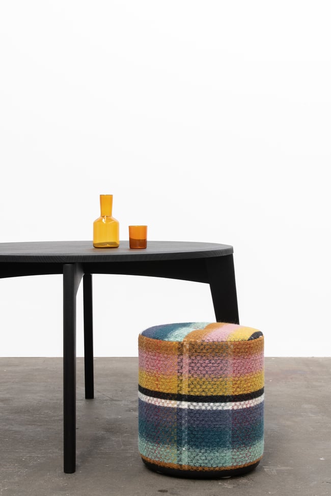  LINA OTTOMAN - FRENCH WOOL WITH SOLID TORCHED TASMANIAN OAK BASE - AVAILABLE NOW