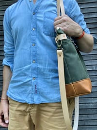 Image 5 of Olive green waxed canvas tote bag / office bag with leather handles and shoulder strap
