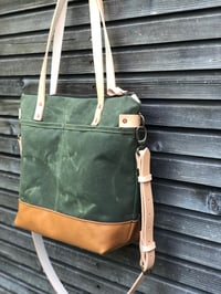 Image 3 of Olive green waxed canvas tote bag / office bag with leather handles and shoulder strap
