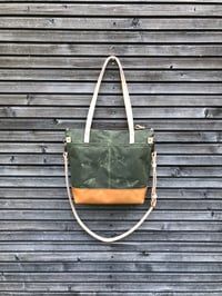 Image 2 of Olive green waxed canvas tote bag / office bag with leather handles and shoulder strap