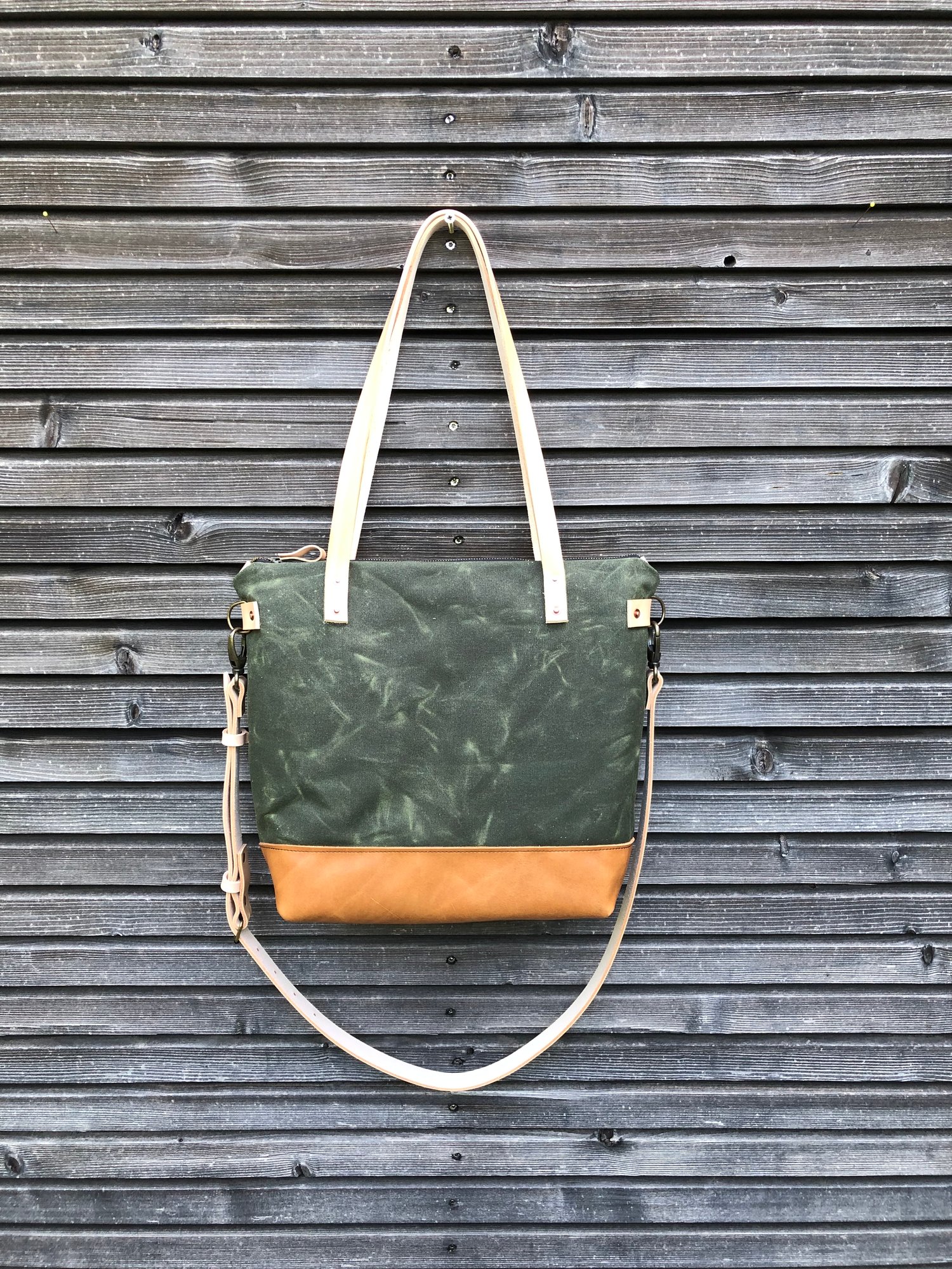 Image of Olive green waxed canvas tote bag / office bag with leather handles and shoulder strap