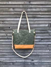 Image 4 of Olive green waxed canvas tote bag / office bag with leather handles and shoulder strap