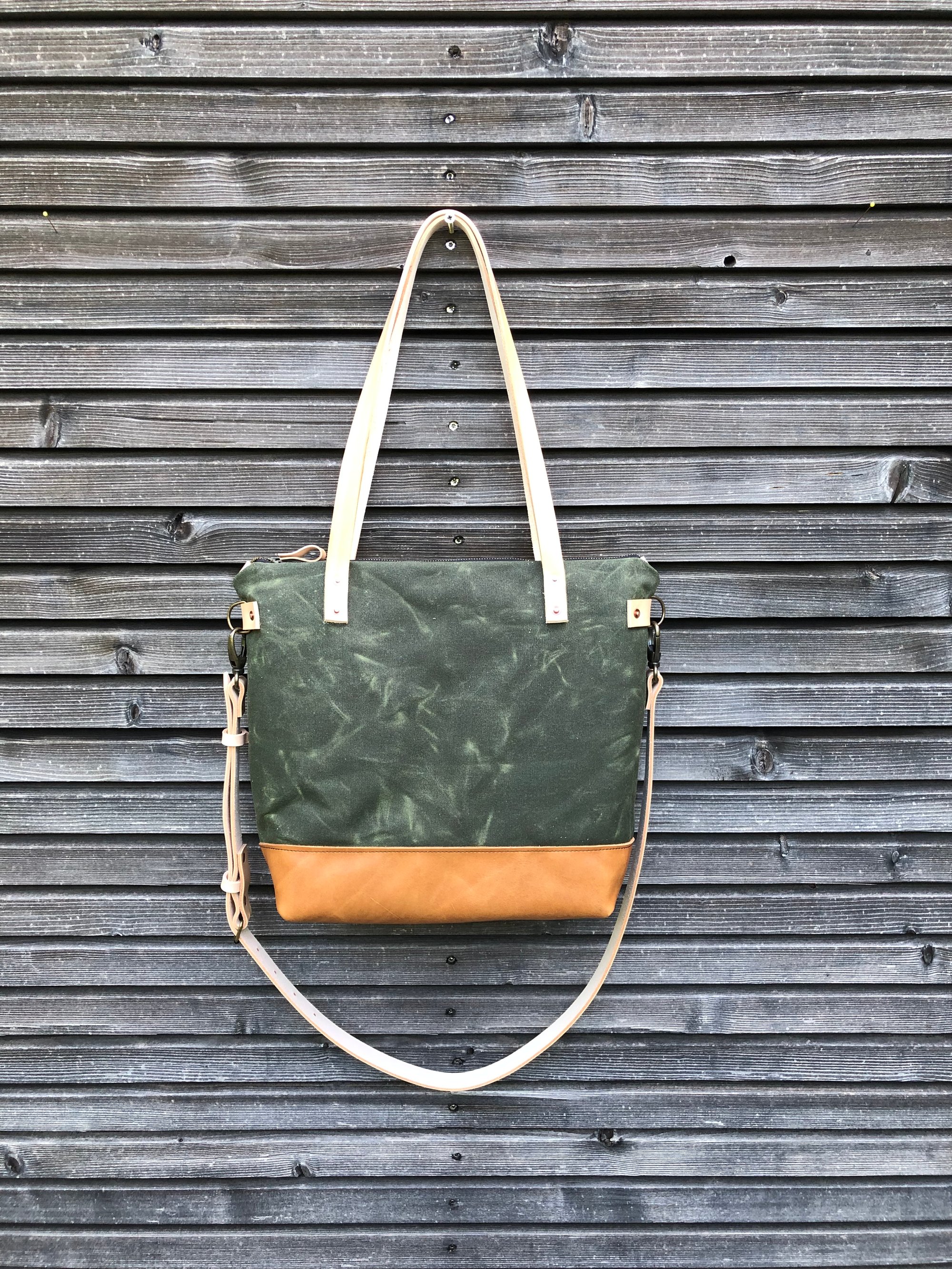 Olive green waxed canvas tote bag office bag with leather handles and shoulder strap Treesizeverse