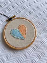 Image 2 of 3” blue and orange heart embroidery hoop