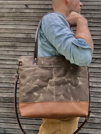 Image 1 of Tote bag in field tan waxed canvas, with adjustable and detachable shoulder strap 
