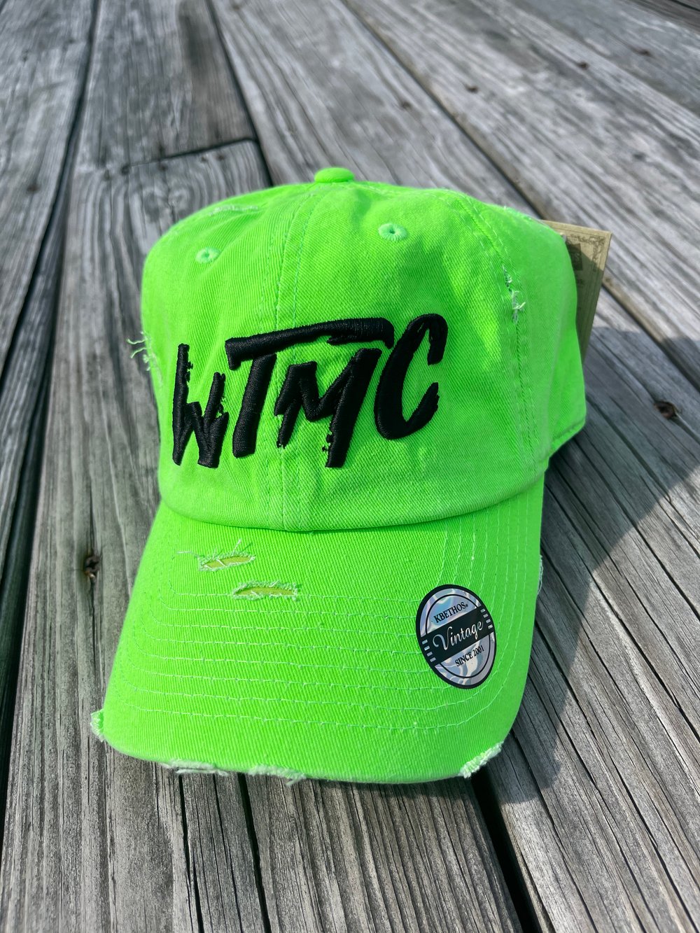 Image of Lime Green WTMC logo distressed Dad Hat