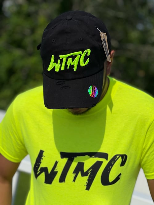 Image of Black/Highlighter WTMC Logo Distressed Dad hat 