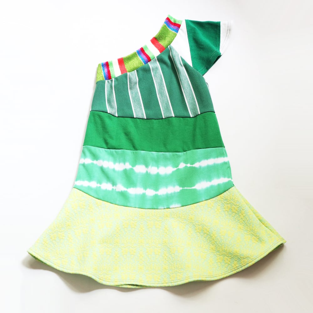 Image of greens vintage fabric 6/7 one shoulder asymmetrical flutter courtneycourtney dress prints
