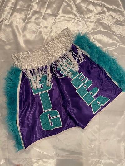 Image of Satin Purple/Turquoise with Fur/White Fringe