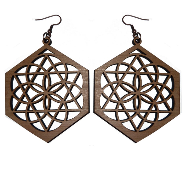 Image of MAHOGANY WOOD LASER CUT EARRINGS WOOD AND COPPER STARLIGHT BOLD
