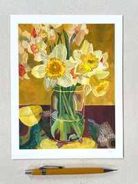 Image 1 of Daffodils and Merian’s Banana and Blue Lizard- archival print