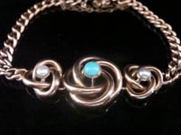 Image 1 of Victorian 9ct rose gold lovers knot turquoise and pearl curb bracelet 8.2g