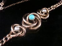 Image 2 of Victorian 9ct rose gold lovers knot turquoise and pearl curb bracelet 8.2g