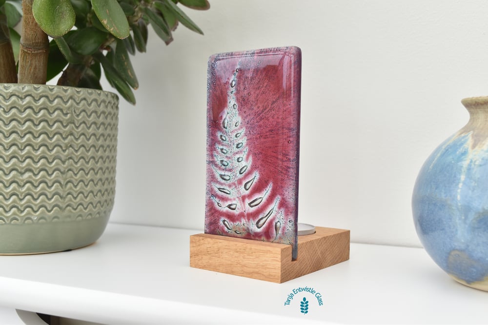 Image of Pink Fern Frond Fused Glass Single T-Light