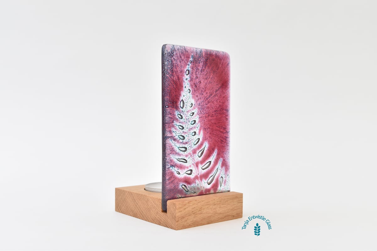 Image of Pink Fern Frond Fused Glass Single T-Light