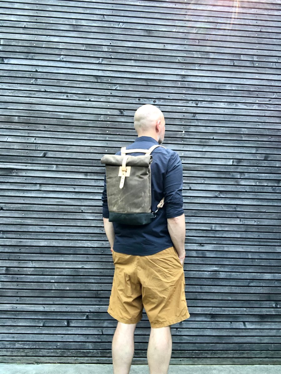 Image of Daypack Small waxed canvas backpack / Hipster Backpack with rolled top and leather shoulder straps
