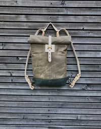 Image 2 of Daypack Small waxed canvas backpack / Hipster Backpack with rolled top and leather shoulder straps