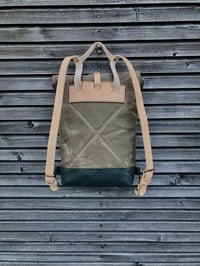 Image 3 of Daypack Small waxed canvas backpack / Hipster Backpack with rolled top and leather shoulder straps