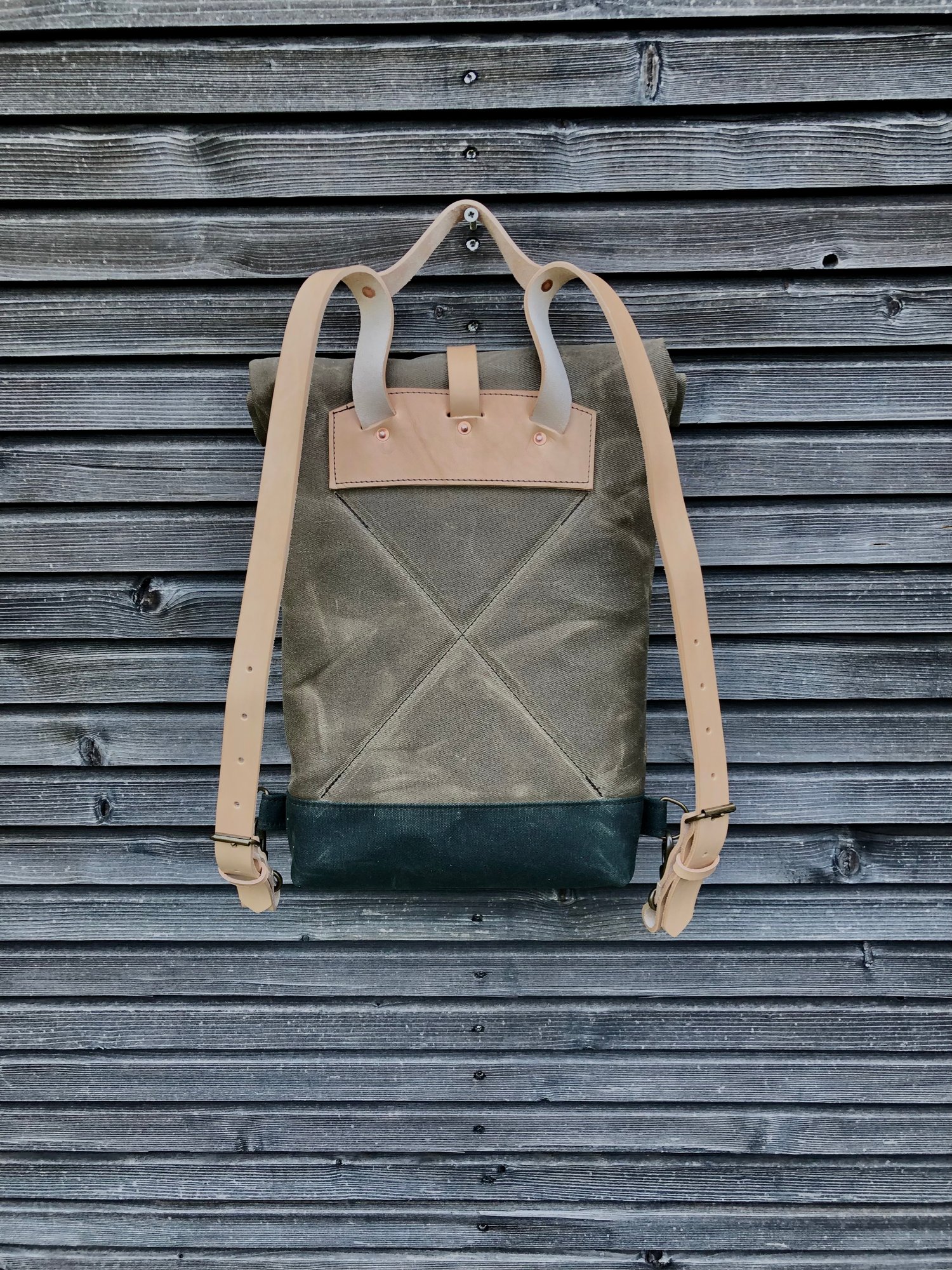 Daypack Small waxed canvas backpack / Hipster Backpack with rolled top and  leather shoulder straps