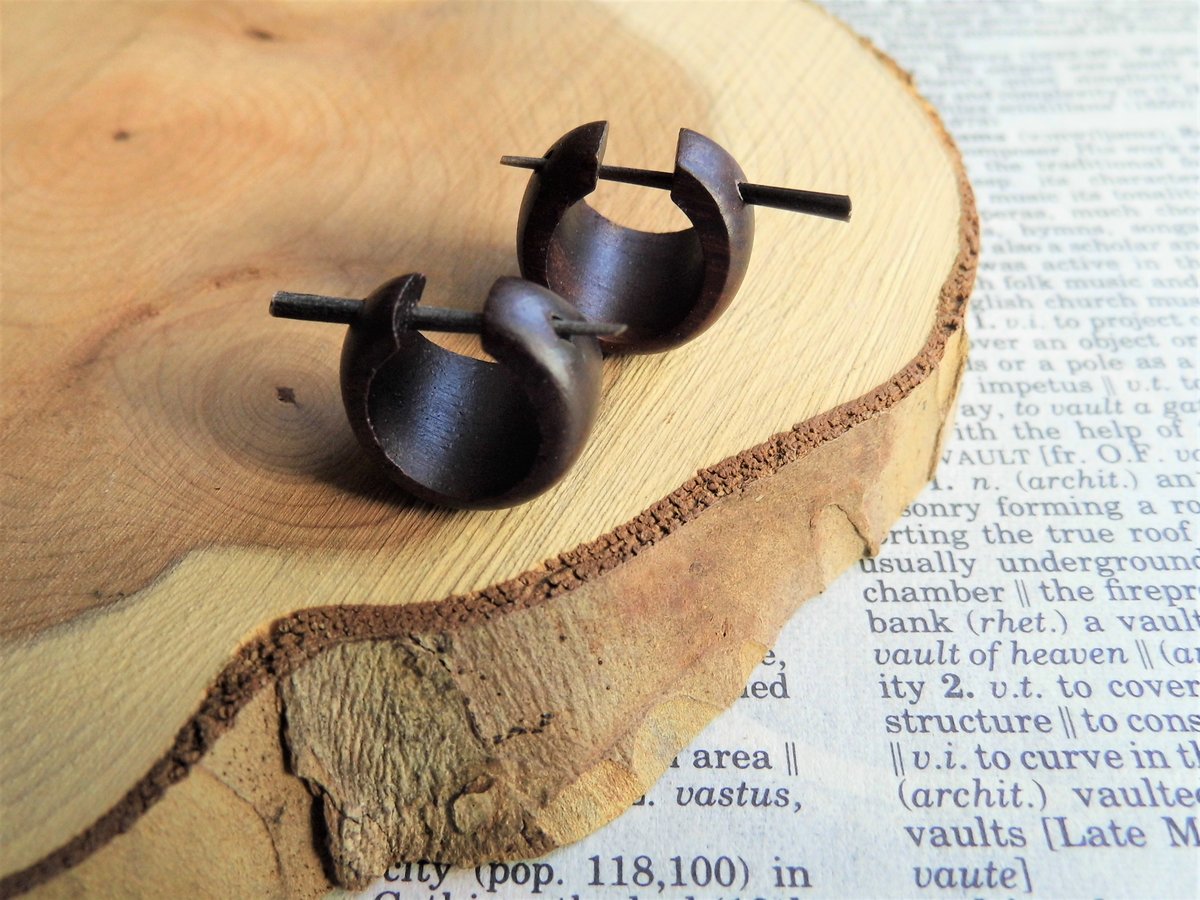 Curved Coco Wood Huggies Creole Earrings Small 