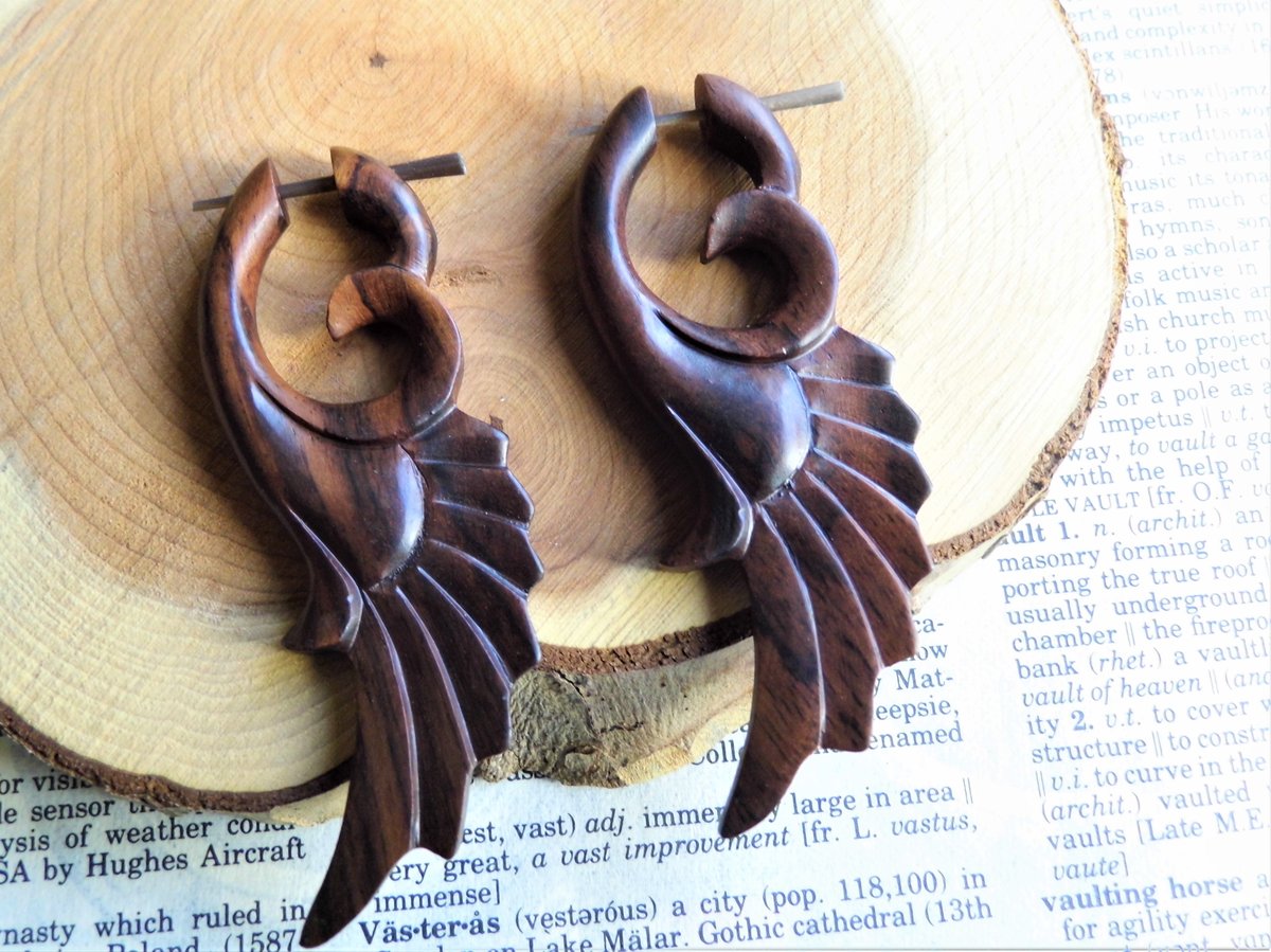 Men Women Angel Wing Wood Earrings Large