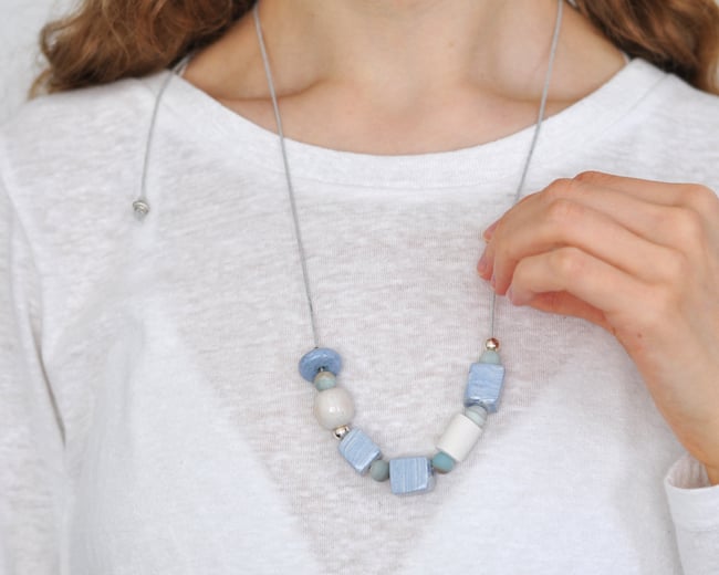 Ceramic Silver Stone Necklace - Waxed Linen Cord
