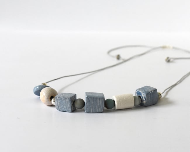 Ceramic Silver Stone Necklace - Waxed Linen Cord