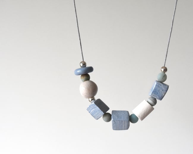 Ceramic Silver Stone Necklace - Waxed Linen Cord