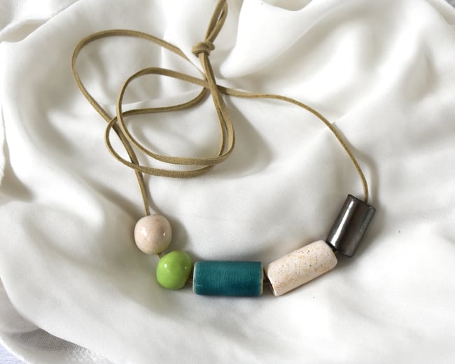 Emerald Mint Pewter Ivory Beads - Faux Suede Band